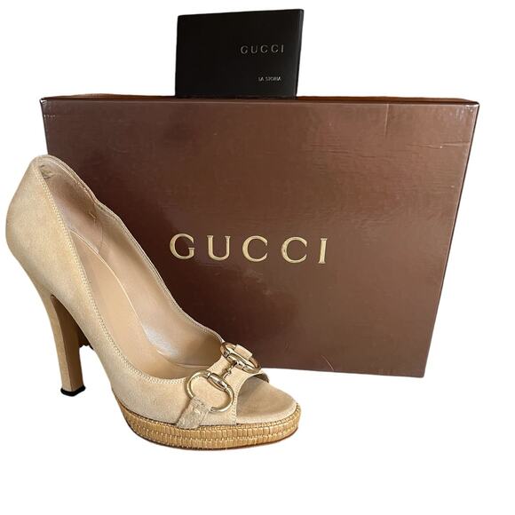 Gucci Suede Horsebit Platform Open toe Heels Pumps Sand 6.5 - Picture 2 of 15